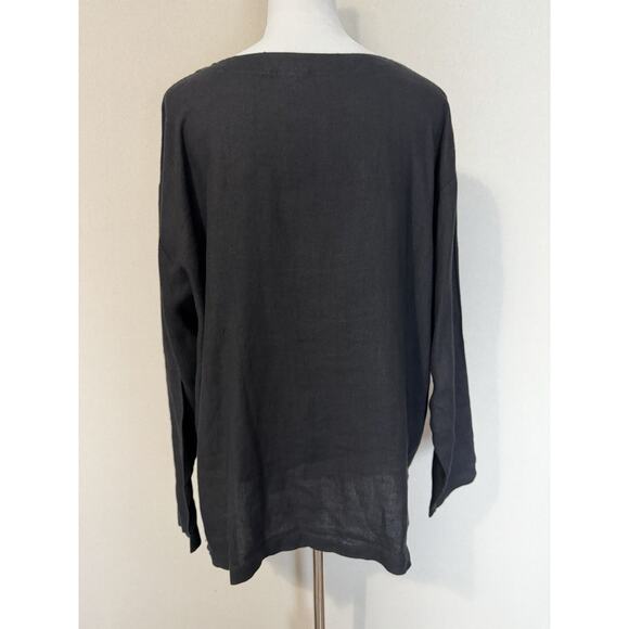 Marc Ware Women's 100% Linen Tunic Sz L Long Sleeve Black White Embroidery USA - Picture 6 of 13